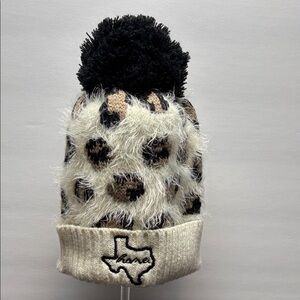 Home Free Texas Fuzzy Pom Eyelash Knit Beanie-Black & Cream Leopard/Cheetah